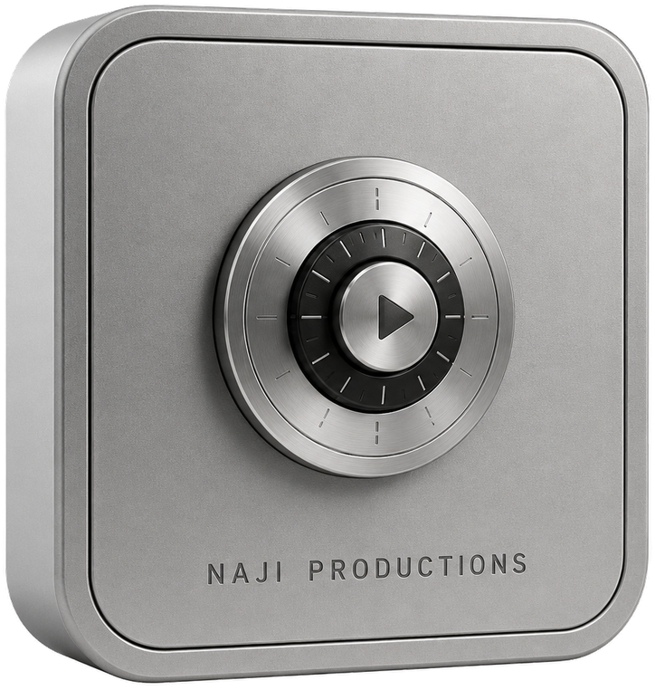 A brushed metal vault with a play button at its centre